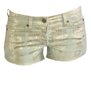 ⭐️7 for All Mankind⭐️Pastel Green Gold Metallic Print Denim Jeans Shorts Sz 24